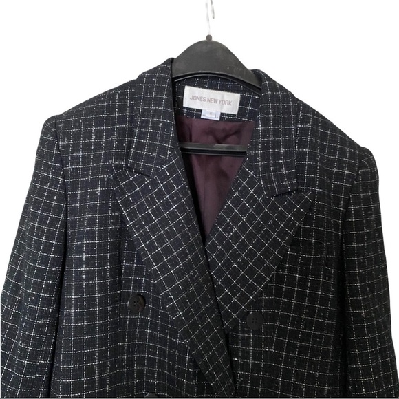 Vtg Jones New York Black & Metallic Silver Fully-Lined Mid-Thigh Blazer Women 6 - Picture 2 of 10
